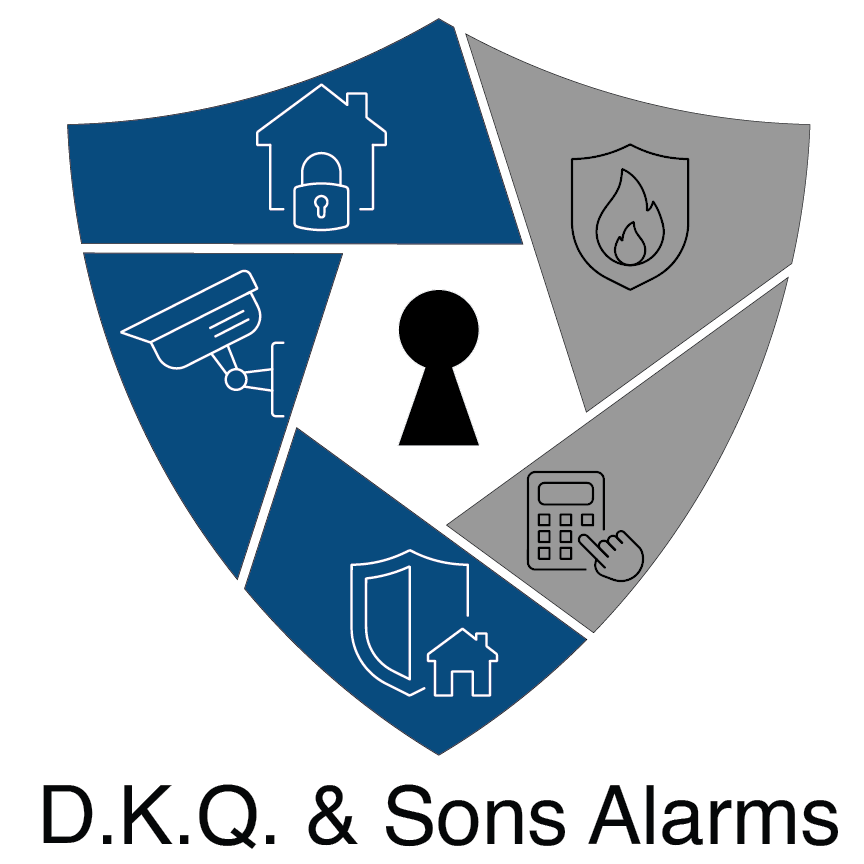 D.K.Q. & Sons Alarms Logo - Security Shield with Keyhole and Service Icons (CCTV, Fire, Access Control, Home Alarm)